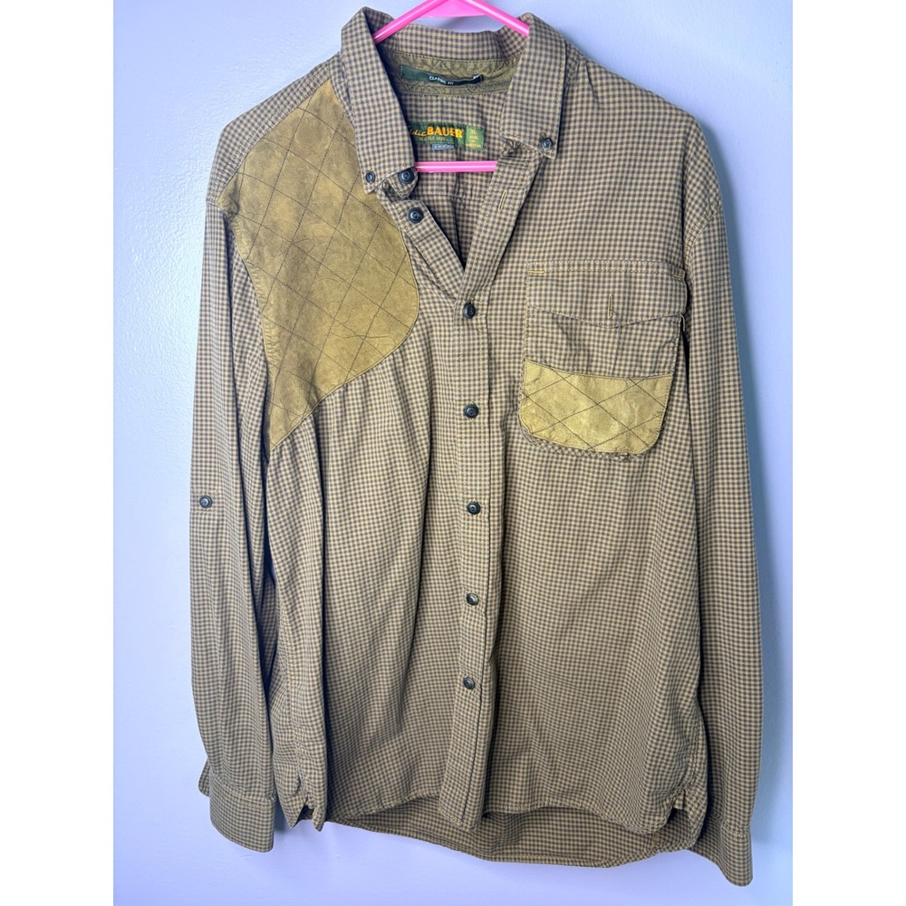 Eddie Bauer 1920 Brown Shooting Shirt Vtg Plaid Quilted Patch Leather Men'sXL